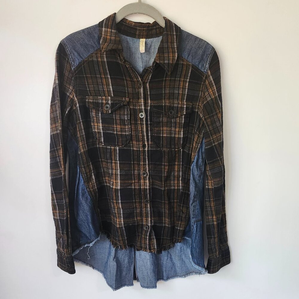 Free People XS Plaid Button Front Shirt Jacket | Mixed Fabric Raw Hem Top